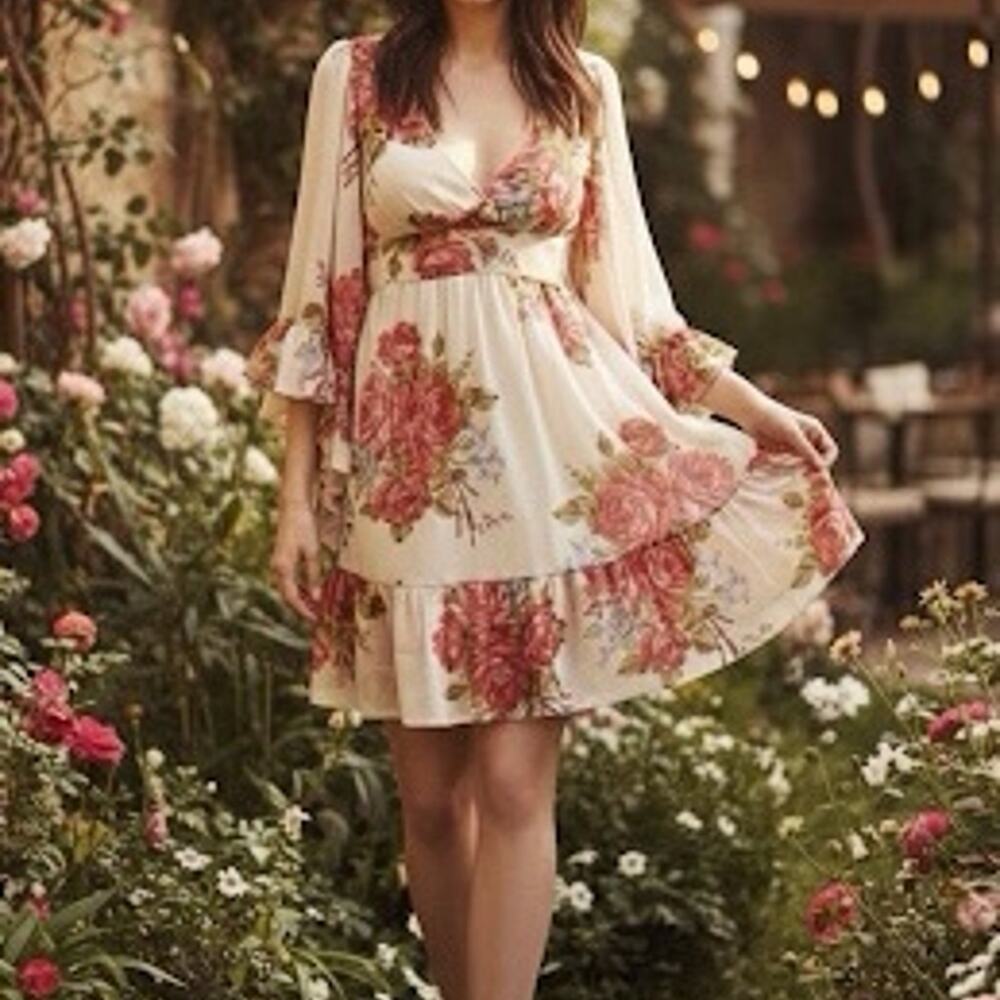 Boho Floral Ruffle Mini Dress Soft Girl Cottagecore Bell Betsey Johnson Party 8
